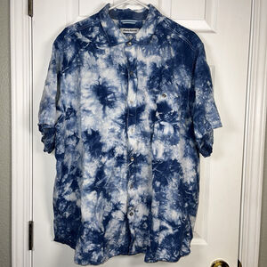 Tommy Bahama Linen Blend Blue Tie Dye Hawaiian Button Up Shirt Mens Size XL
